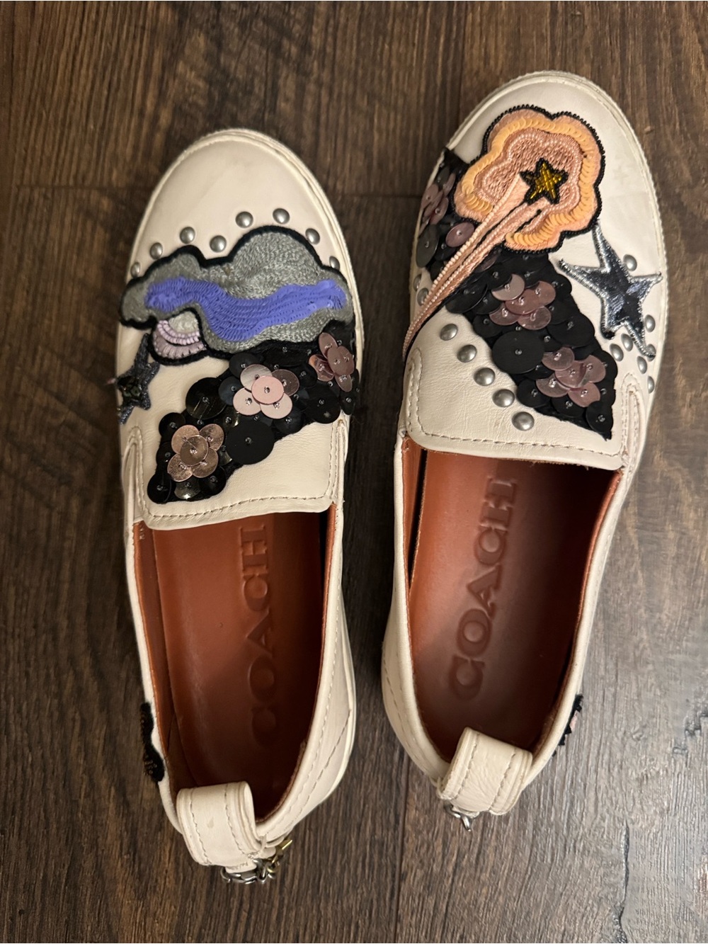 Coach Cream Leather Slip-On Flats with Multicolor Sequin Embellishments